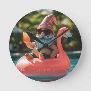 Summer Gnome in Sunglasses on Flamingo Float Round Clock