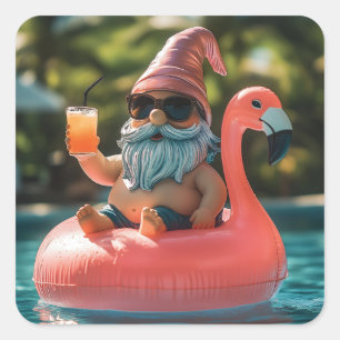 Summer Gnome in Sunglasses on Flamingo Float Square Sticker