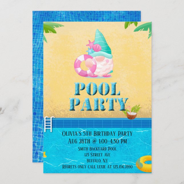 Summer Gnome Pool Birthday Party Invitation (Front/Back)