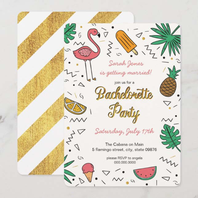 Summer Gold Flamingo Pineapple Bachelorette Party Invitation (Front/Back)