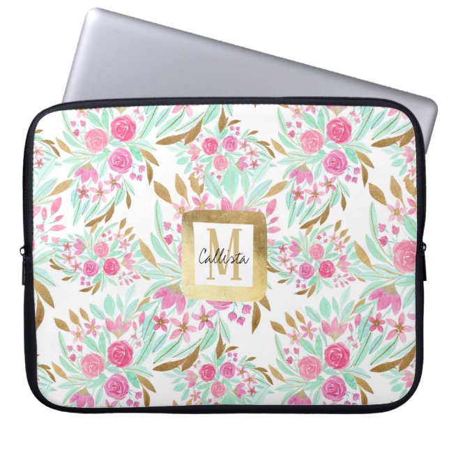 Summer Gold Pink Teal Watercolor Flowers Pattern Laptop Sleeve (Front)