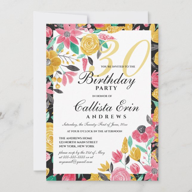 Summer Golden Pink Floral Watercolor Birthday Invitation (Front)