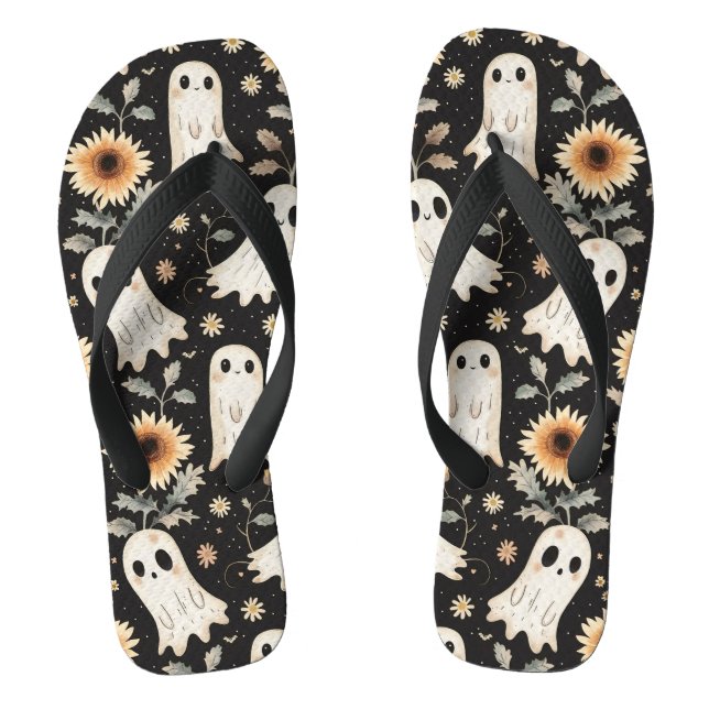Summer Goth Ghosts and Sunflowers Spooky Flip Flops (Footbed)