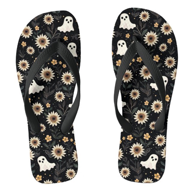 Summer Goth Ghosts and Sunflowers Spooky Flip Flops (Footbed)