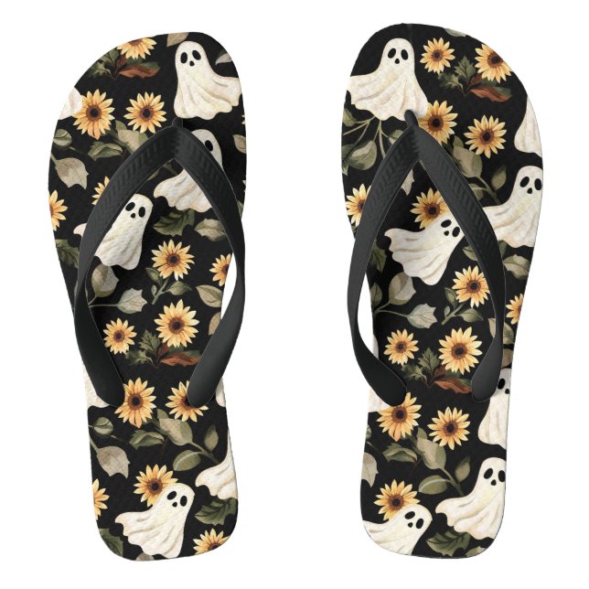 Summer Goth Ghosts and Sunflowers Spooky Flip Flops (Footbed)