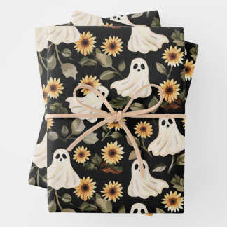 Summer Goth Ghosts and Sunflowers Spooky Wrapping Paper Sheet