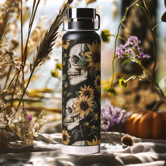 Summer Goth Skulls and Sunflowers Spooky Water Bottle (Creator Uploaded)