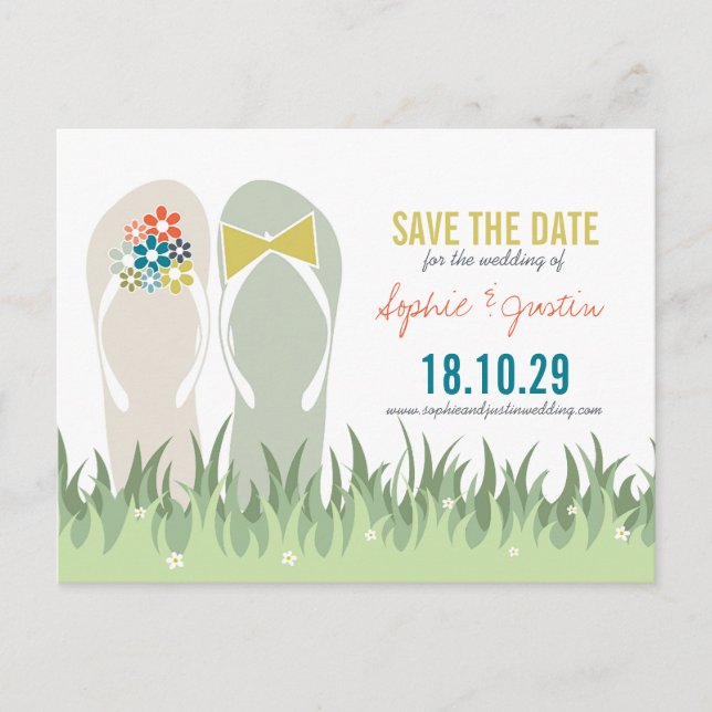 Summer Grass Daisies Cute Flip Flops Save The Date Announcement Postcard (Front)
