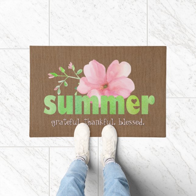 Summer Grateful Thankful Blessed Pink Green Floral Doormat (Indoor)