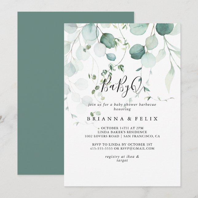 Summer Green Eucalyptus BabyQ Baby Shower Barbecue Invitation (Front/Back)