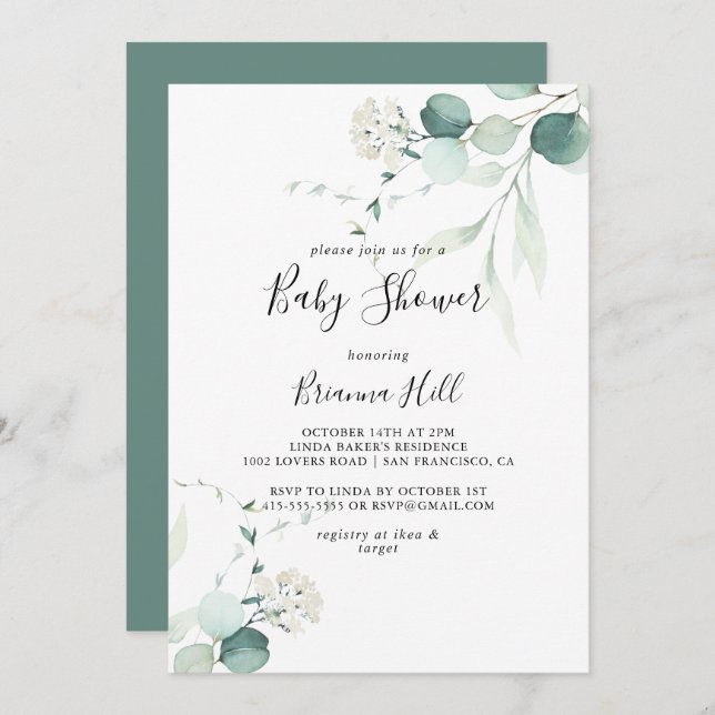 Summer Green Eucalyptus Foliage Baby Shower Invitation (Front/Back)