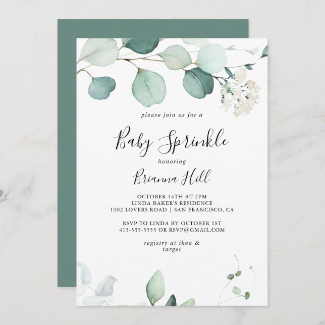 Summer Green Eucalyptus Foliage Baby Sprinkle Invitation (Front/Back)