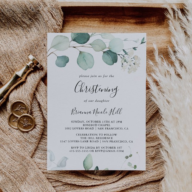 Summer Green Eucalyptus Foliage Christening Invitation (Creator Uploaded)