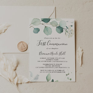 Summer Green Eucalyptus Foliage First Communion Invitation