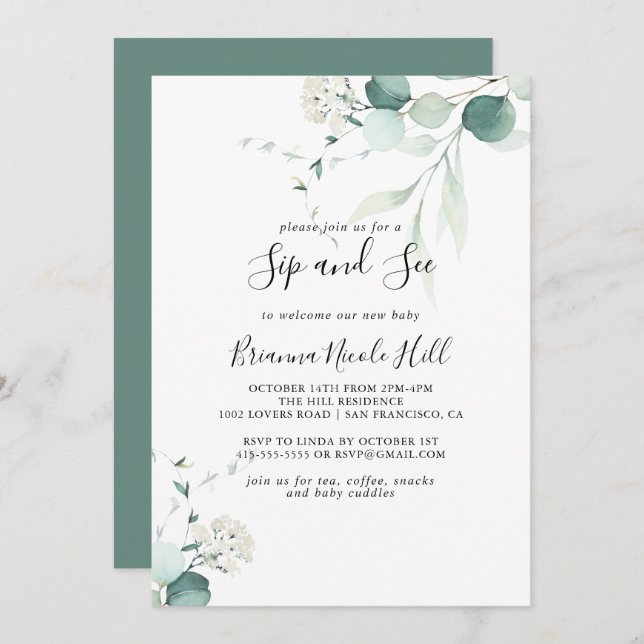 Summer Green Eucalyptus Foliage Sip and See Invitation (Front/Back)