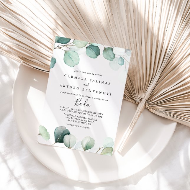 Summer Green Eucalyptus Foliage Spanish Wedding Invitation (Creator Uploaded)