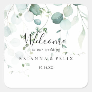 Summer Green Eucalyptus Foliage Wedding Welcome Square Sticker