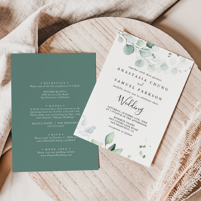 Summer Green Eucalyptus Front & Back Wedding Invitation (Creator Uploaded)