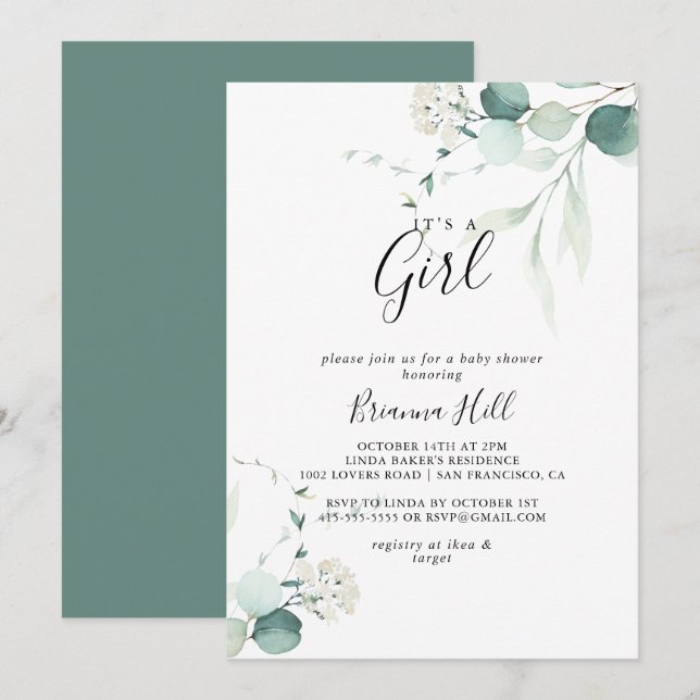 Summer Green Eucalyptus It's A Girl Baby Shower Invitation (Front/Back)