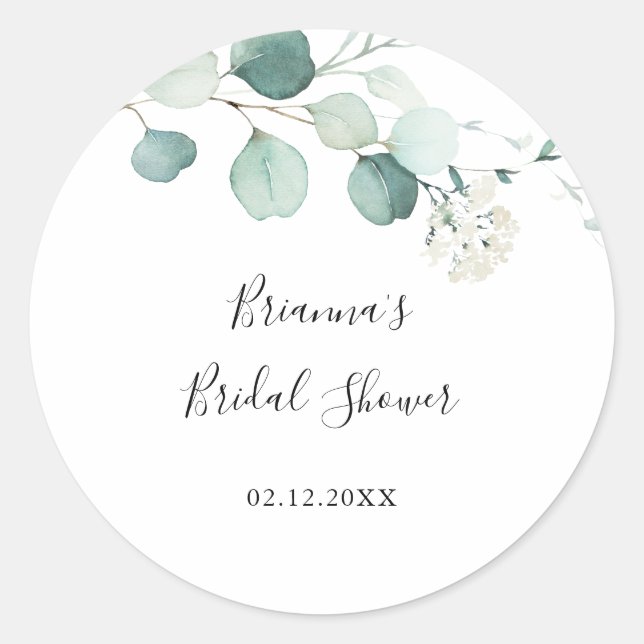 Summer Green Eucalyptus Leaf Bridal Shower Favour Classic Round Sticker (Front)