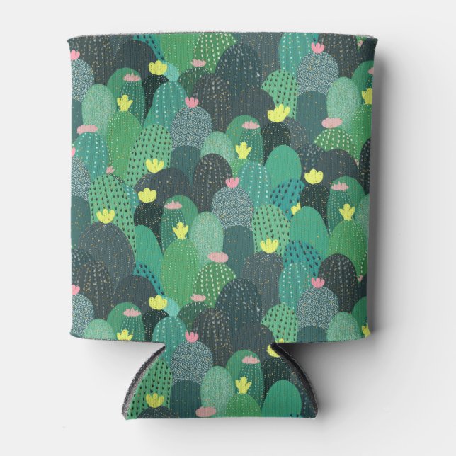 Summer Green Teal Cactus Gold dots Cute Design Can Cooler (Front)