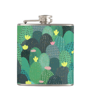 Summer Green Teal Cactus Gold dots Cute Design Hip Flask