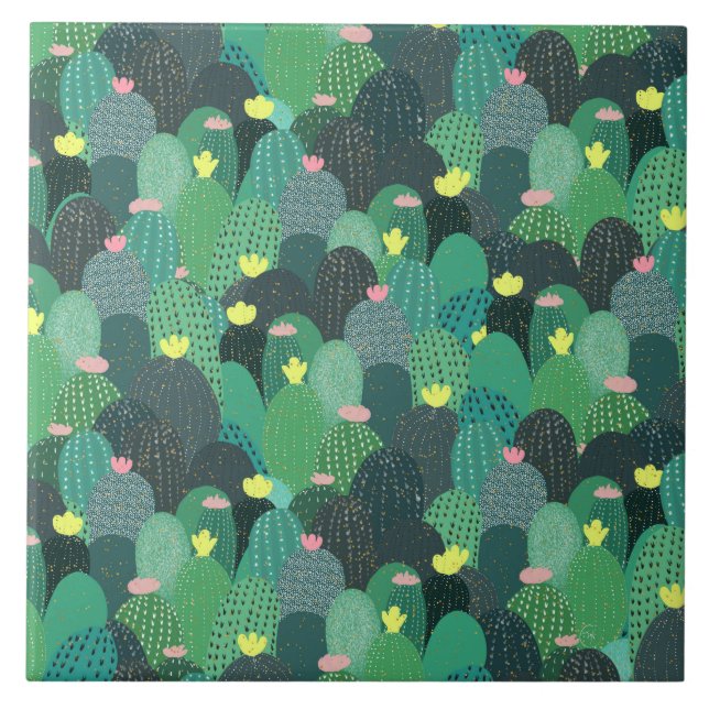 Summer Green Teal Cactus Gold dots Cute Design Tile (Front)