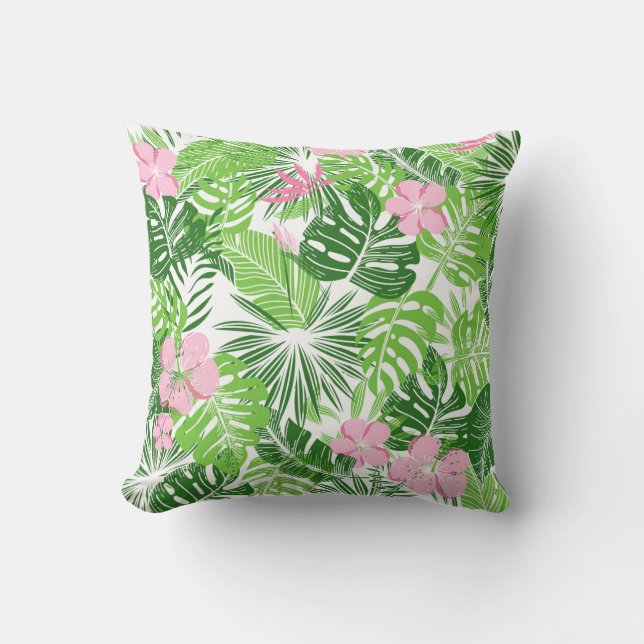 Summer Green Tropical Leaves Pink Floral Pattern Cushion (Front)