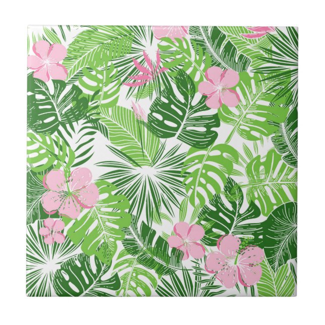 Summer Green Tropical Leaves Pink Floral Pattern Tile (Front)