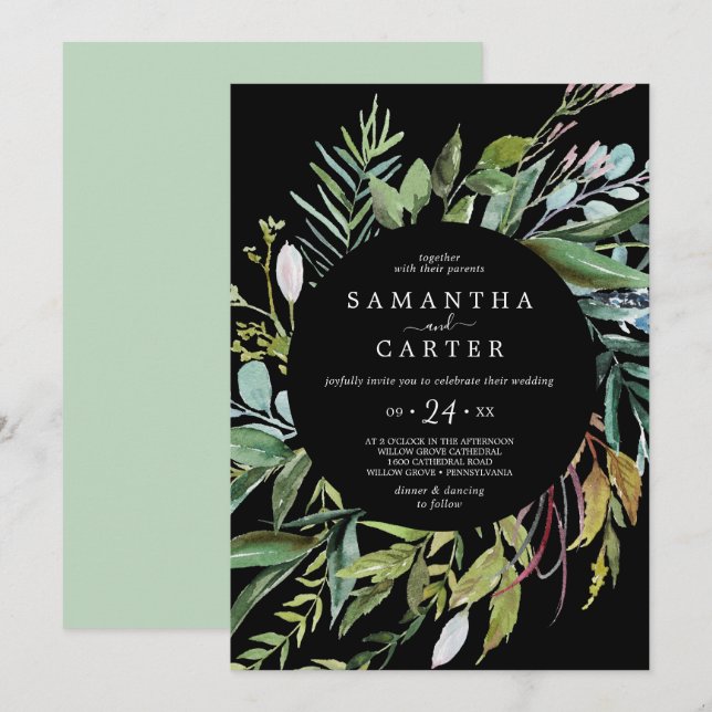Summer Greenery | Black Casual Wedding Invitation (Front/Back)