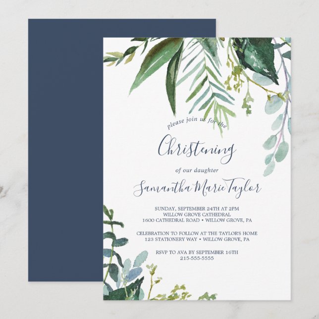 Summer Greenery Christening Invitation (Front/Back)