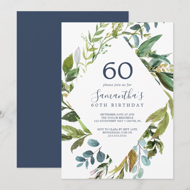 Summer Greenery Diamond Wreath 60th Birthday Invitation (Front/Back)