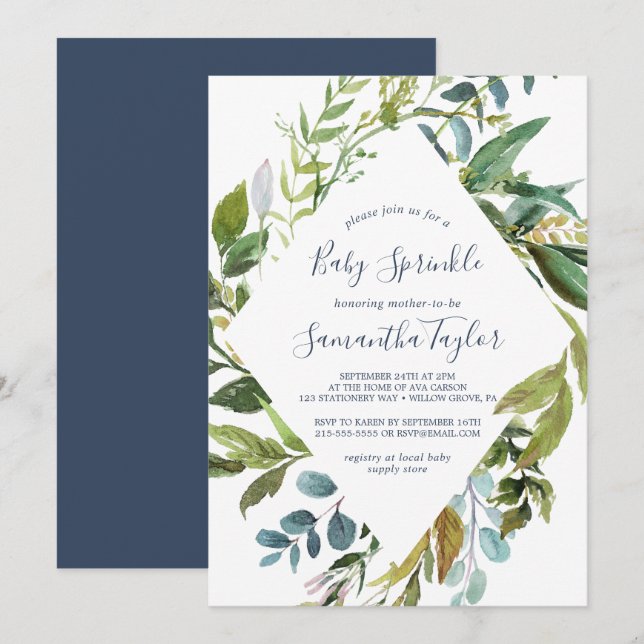 Summer Greenery Diamond Wreath Baby Sprinkle Invitation (Front/Back)