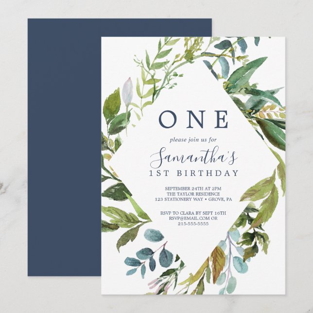 Summer Greenery Diamond Wreath First Birthday Invitation (Front/Back)