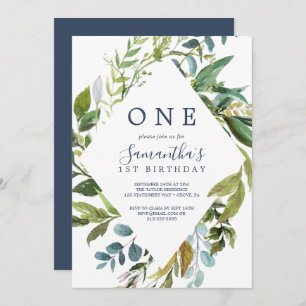 Summer Greenery Diamond Wreath First Birthday Invitation