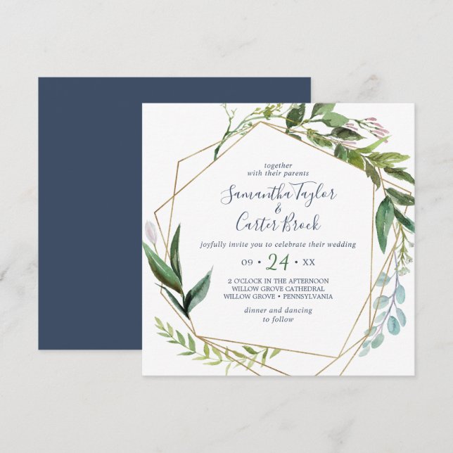 Summer Greenery Geometric Square Wedding Invitation (Front/Back)