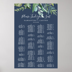 Summer Greenery Navy Alphabetical Seating Chart