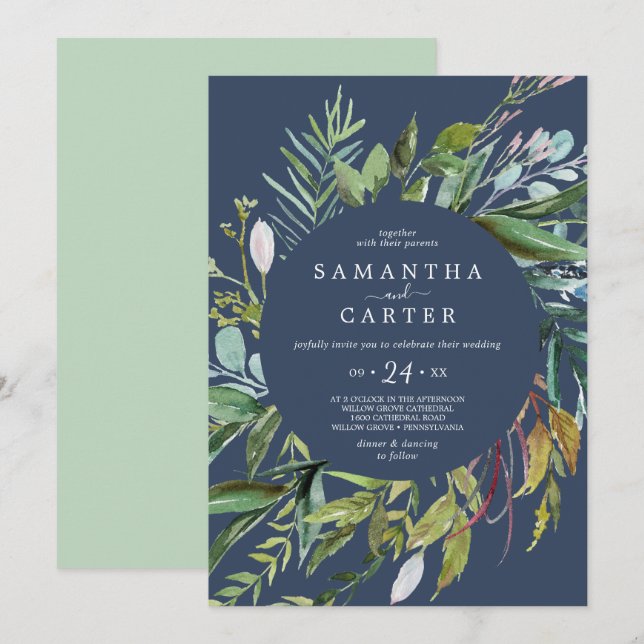 Summer Greenery | Navy Casual Wedding Invitation (Front/Back)