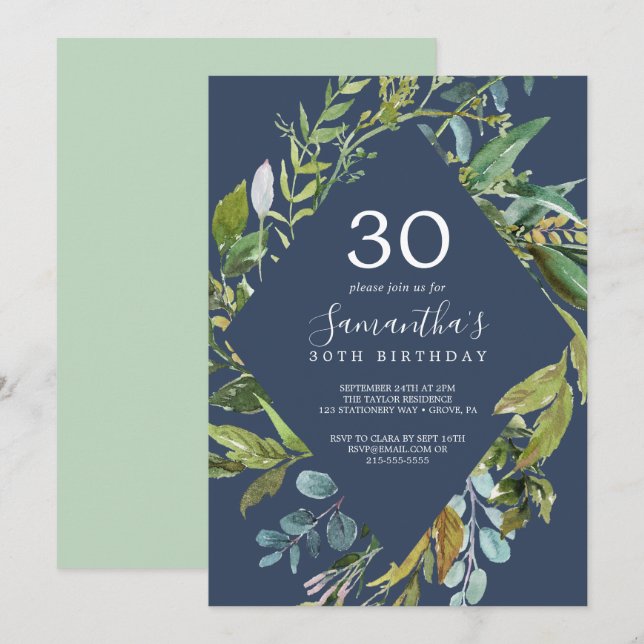 Summer Greenery Navy Diamond Wreath 30th Birthday Invitation (Front/Back)