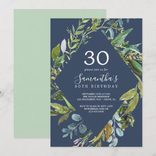Summer Greenery Navy Diamond Wreath 30th Birthday Invitation
