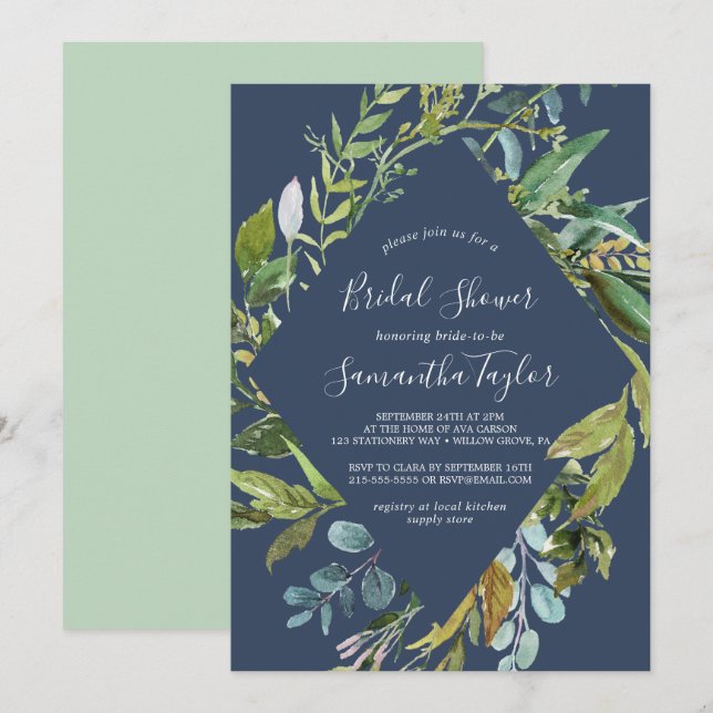 Summer Greenery Navy Diamond Wreath Bridal Shower Invitation (Front/Back)
