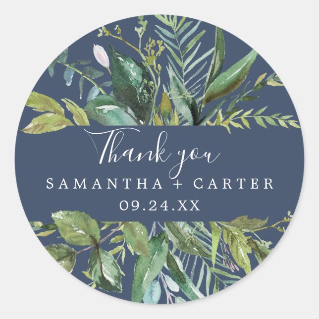 Summer Greenery | Navy Thank You Favour Sticker (Front)
