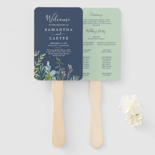 Summer Greenery Navy Wedding Program Fan