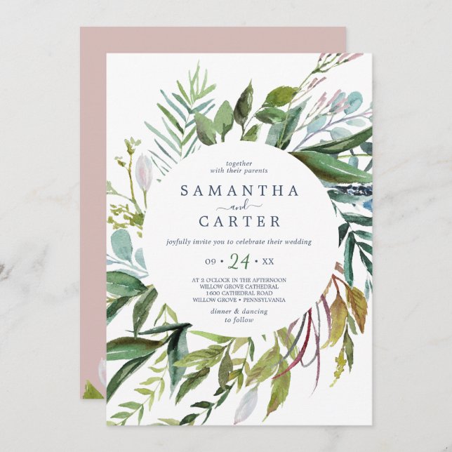 Summer Greenery Pink All In One Wedding Invitation (Front/Back)