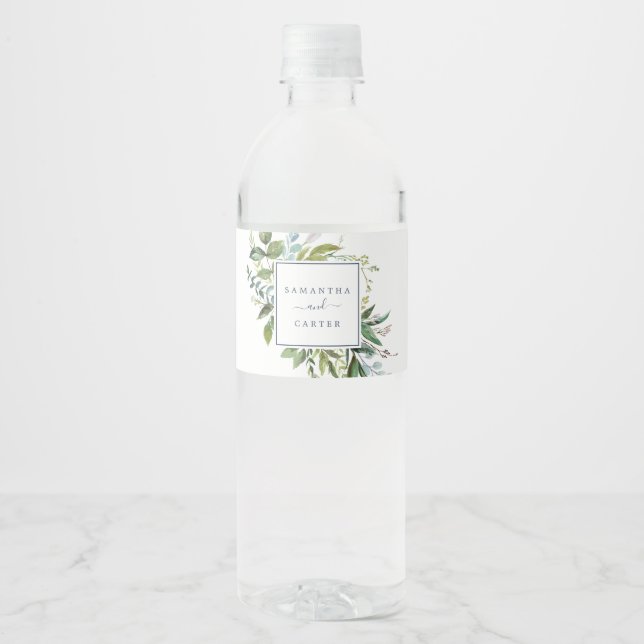 Summer Greenery Wedding Water Bottle Label (Front)