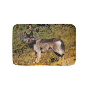 Summer Grey Wolf and Wilderness Forest Bath Mat