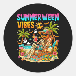 Summer Halloween Vibes Funny Skeleton Beach Summer Classic Round Sticker