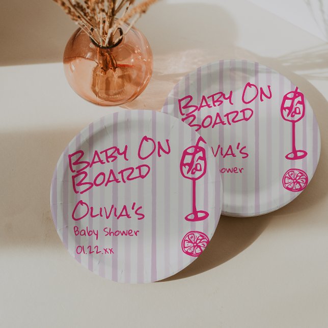 Summer Hand Drawn Pink Baby On Board Baby Shower Paper Plate (Creator Uploaded)