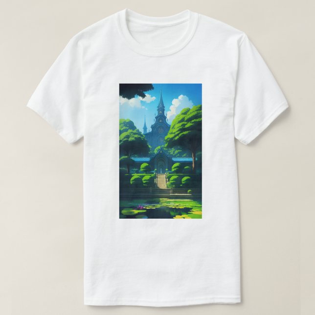 Summer Happy Vibes Temple and Pond Blue Sky T-Shirt (Design Front)