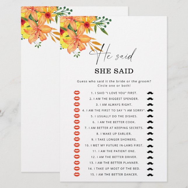 Summer He said she said bridal shower game (Front/Back)
